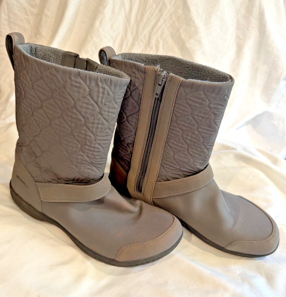 MERRELL Winter Boots Women’s 8 Encore Kassie Gray Zipper Lined Quilted Pattern